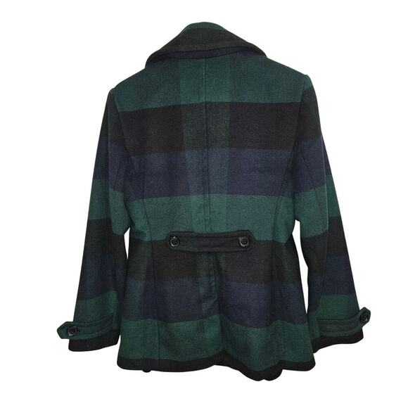 St. John’s Bay Green/ Navy Plaid Double Breasted Women's Wool Pea Coat Size M - Picture 2 of 7